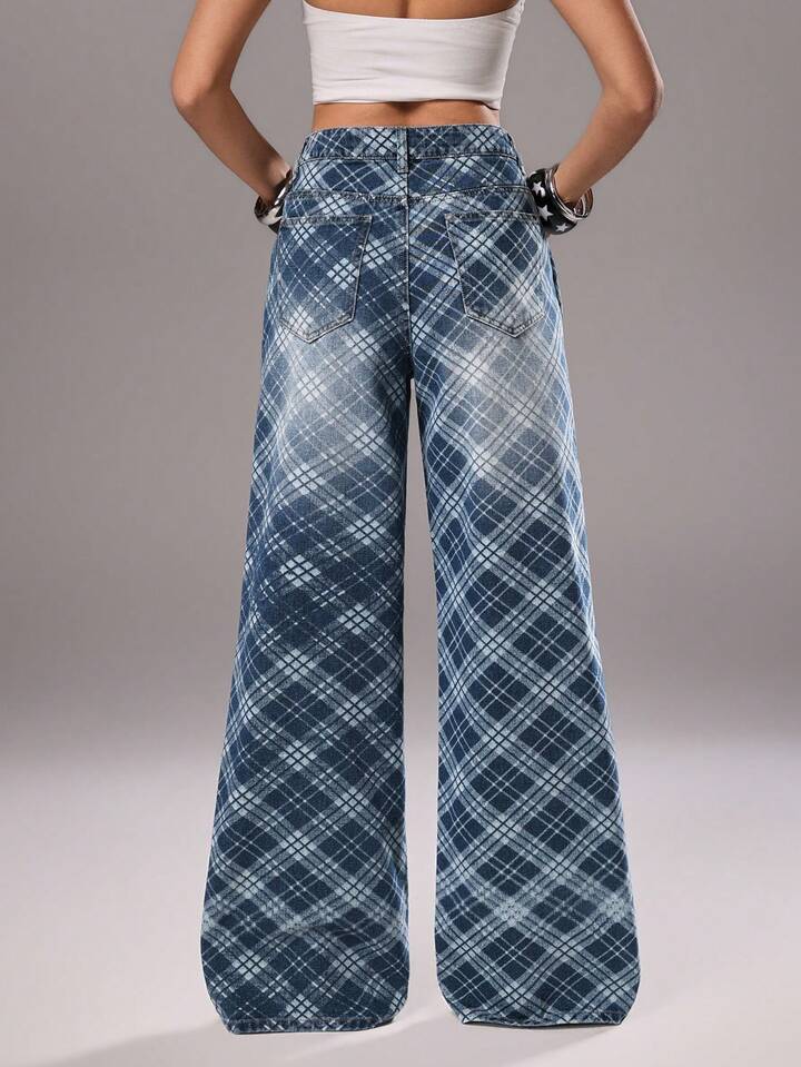 CM-BS676228 Women Casual Seoul Style Medium Wash Diamond Plaid Mid-Waist Wide Leg Jeans
