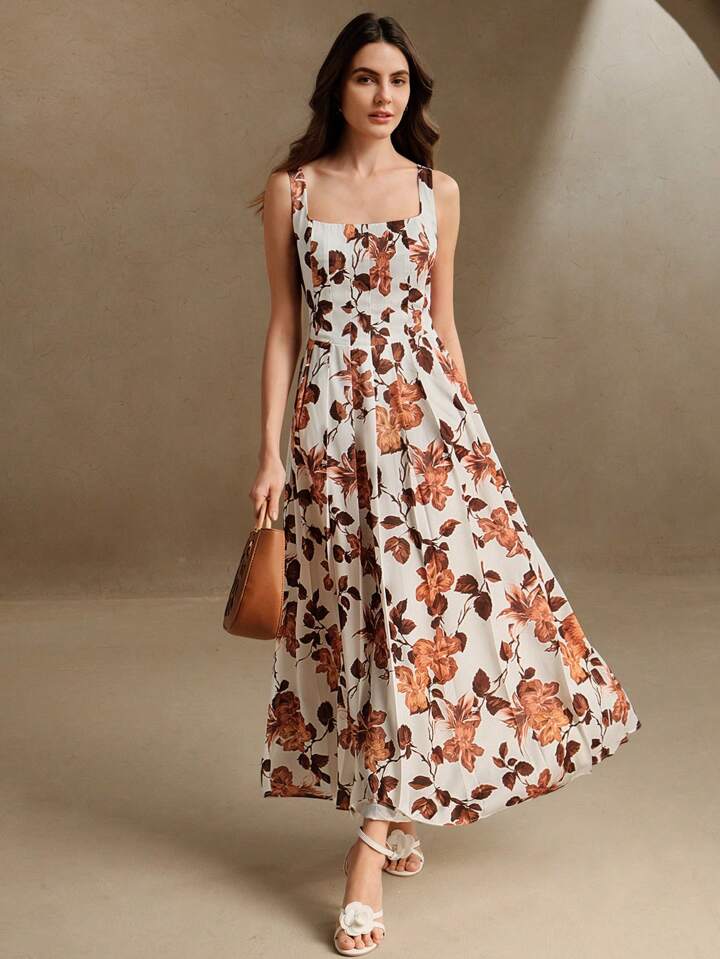 CM-DS918886 Women Elegant Seoul Style Floral Print Sleeveless High Waist Pleated Slip Dress - Khaki