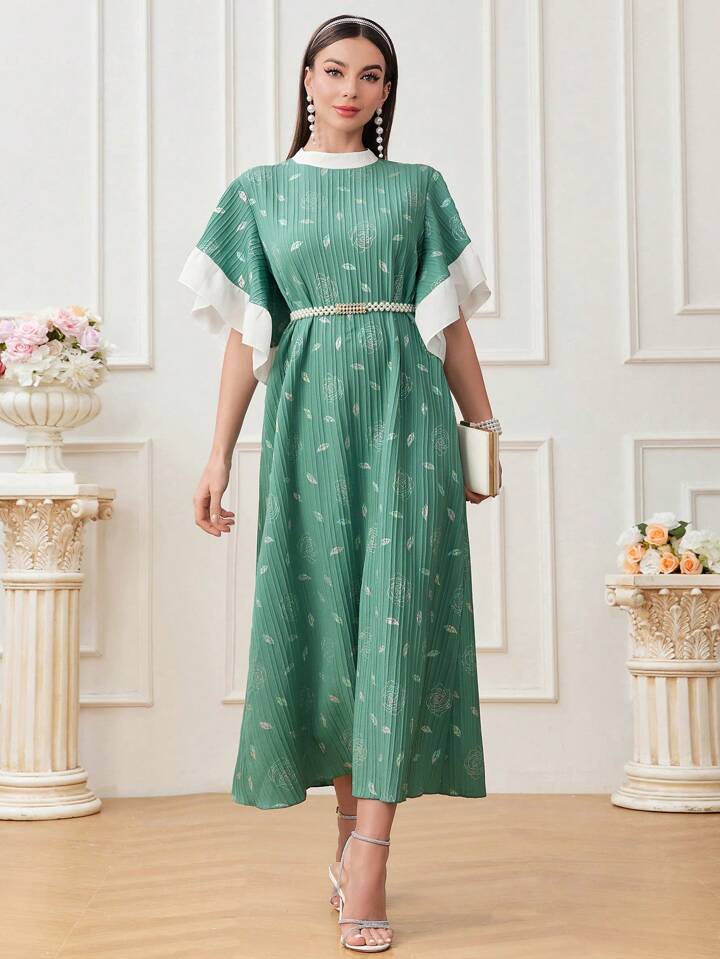 CM-DS800078 Women Casual Seoul Style Floral Leaf Print Patchwork Ruffle Hem Dress - Green