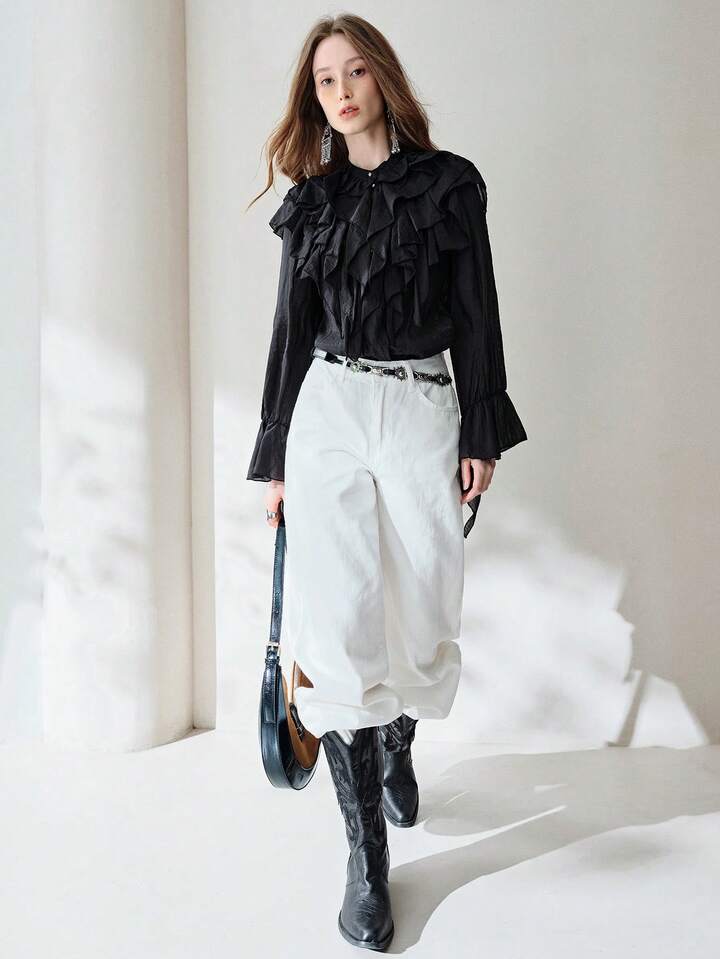 CM-TS054615 Women Elegant Seoul Style Multi-Layer Ruffle Trim Chiffon Flowy Asymmetrical Flounce Sleeve Blouse - Black