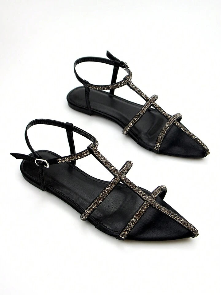CM-SHS622051 Women Trendy Seoul Style Rhinestone Embellished Pointed Toe Flat Sandals - Black