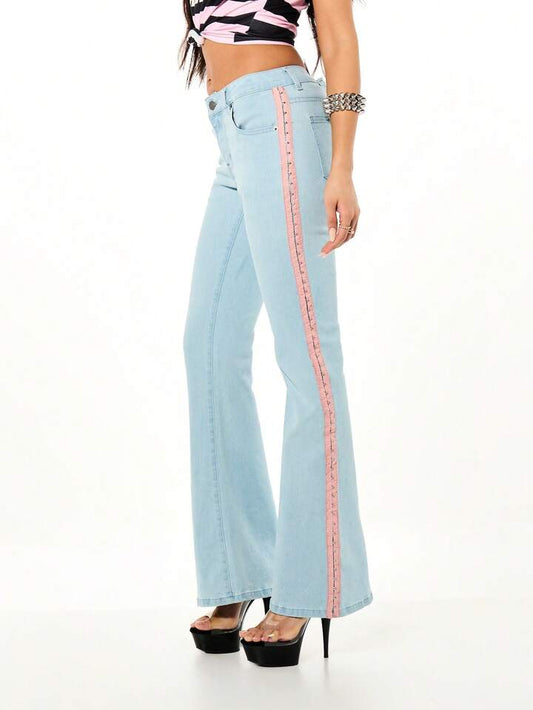 CM-BS578333 Women Casual Seoul Style Low Rise Side Stripe Detail Hook And Eye Closure Flare Leg Denim Jeans