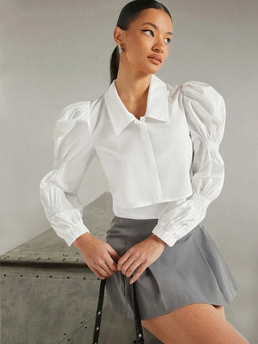 CM-TS060632 Women Casual Seoul Style Puff Sleeve Collar Crop Shirt - White