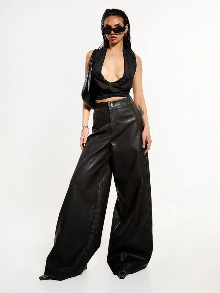 CM-BS959908 Women Elegant Seoul Style Solid Color High Waisted Extra Long Wide Leg Pants