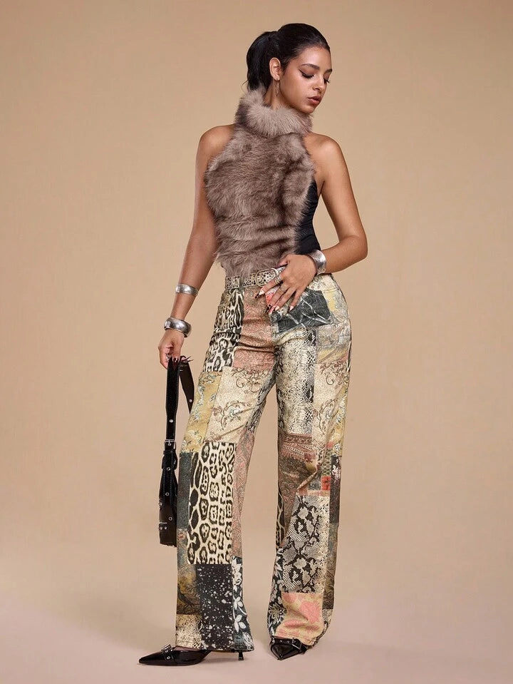 CM-BS879937 Women Casual Seoul Style Hippie Pattern Slim Straight Leg Ultra Low Waist Jeans