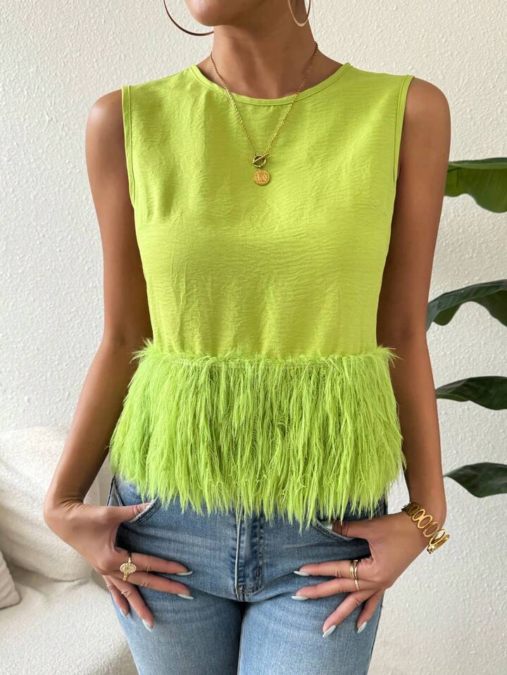 CM-TS346633 Women Casual Seoul Style Round Neck Sleeveless Loose Furry Hem Blouse - Green