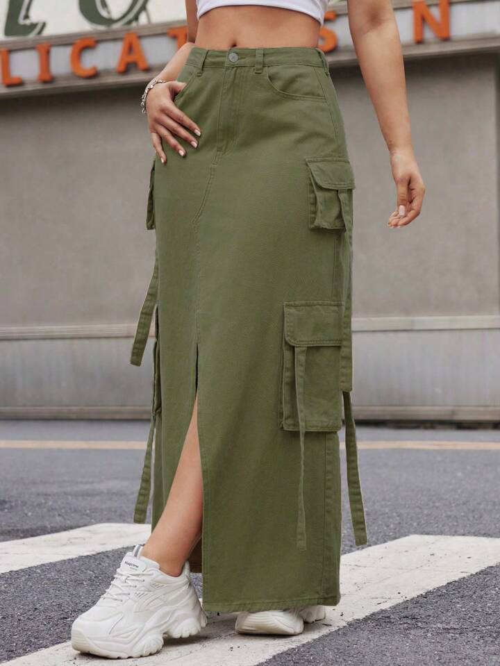 CM-BS051288 Women Casual Seoul Style Front Button Pocket Slit Denim A-Line Skirt - Army Green