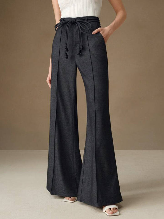 CM-BS432631 Women Casual Seoul Style High Waist Tie Belted Wide Leg Flare Palazzo Trousers