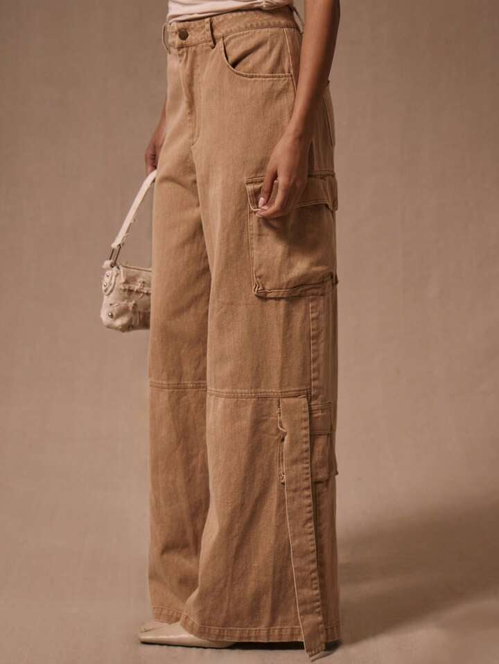 CM-BS190500 Women Casual Seoul Style Low Waist Wide Leg Cargo Trousers - Brown