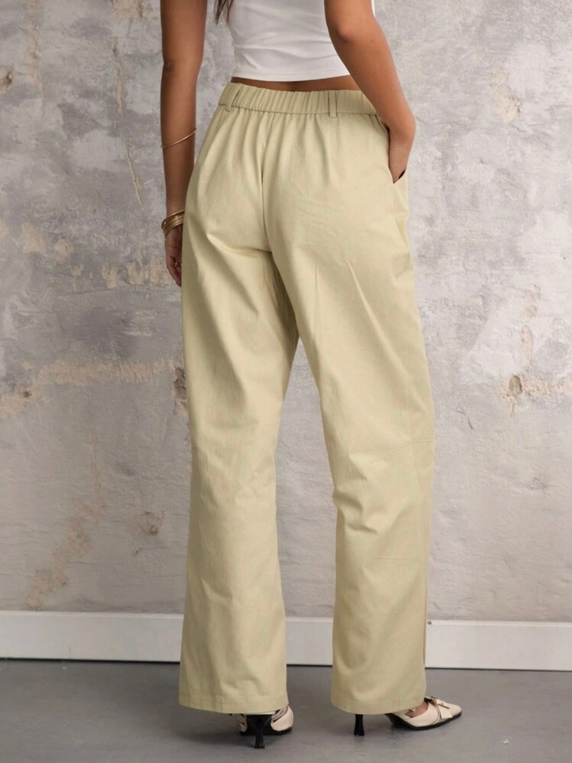 CM-BS760766 Women Casual Seoul Style Front Button Pocket Drop Waist Wide Leg Pants - Khaki