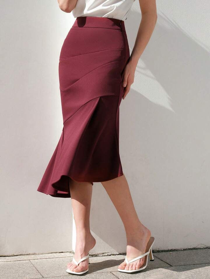 CM-BS574022 Women Elegant Seoul Style High Waist Fish Tail Hem Skirt - Burgundy