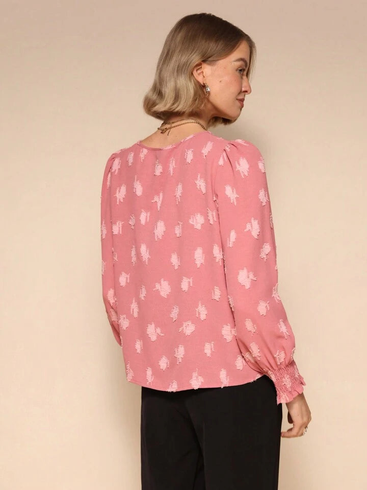 CM-TS656545 Women Casual Seoul Style Lace Patchwork Round Neck Long Sleeve Blouse - Pink