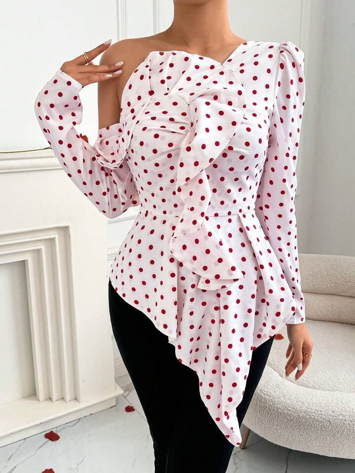 CM-TS146756 Women Casual Seoul Style Irregular Ruffled Off-Shoulder Ruffled Blouse