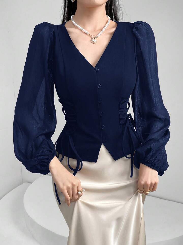 CM-TS858875 Women Elegant Seoul Style Sheer V-Neck Puff Lantern Sleeves Lace-Up Detail Blouse - Navy Blue