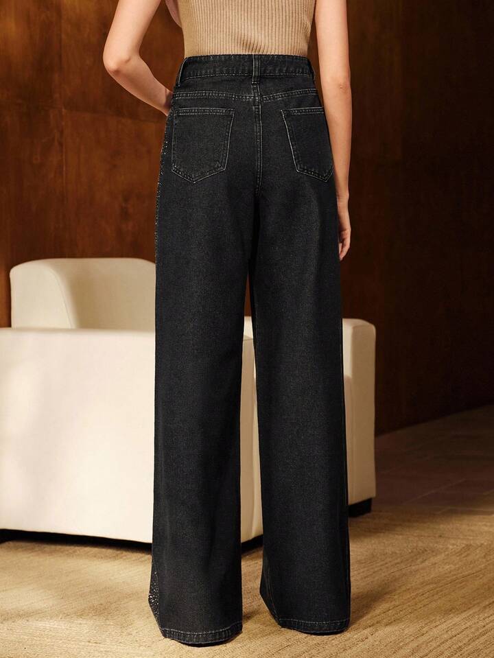 CM-BS901349 Women Elegant Seoul Style Mid Waist Rhinestone Embellished Straight Leg Jeans - Black