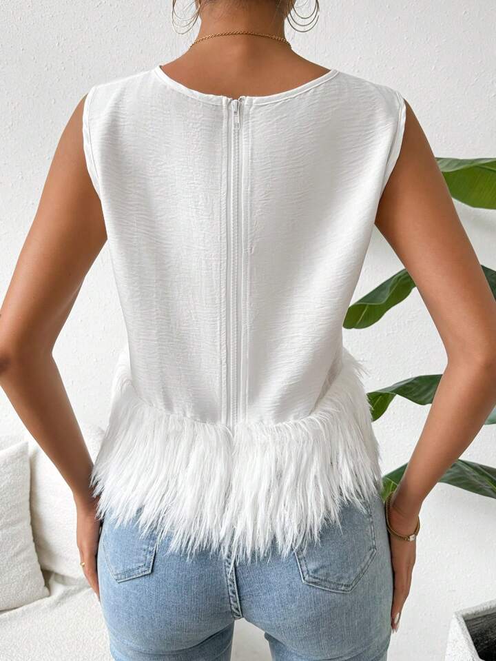 CM-TS998788 Women Casual Seoul Style Round Neck Sleeveless Loose Furry Hem Blouse - White