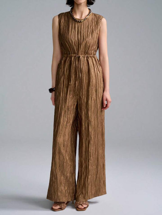 CM-JS088383 Women Elegant Seoul Style Round Neck Sleeveless High Waist Drawstring Loose Jumpsuit