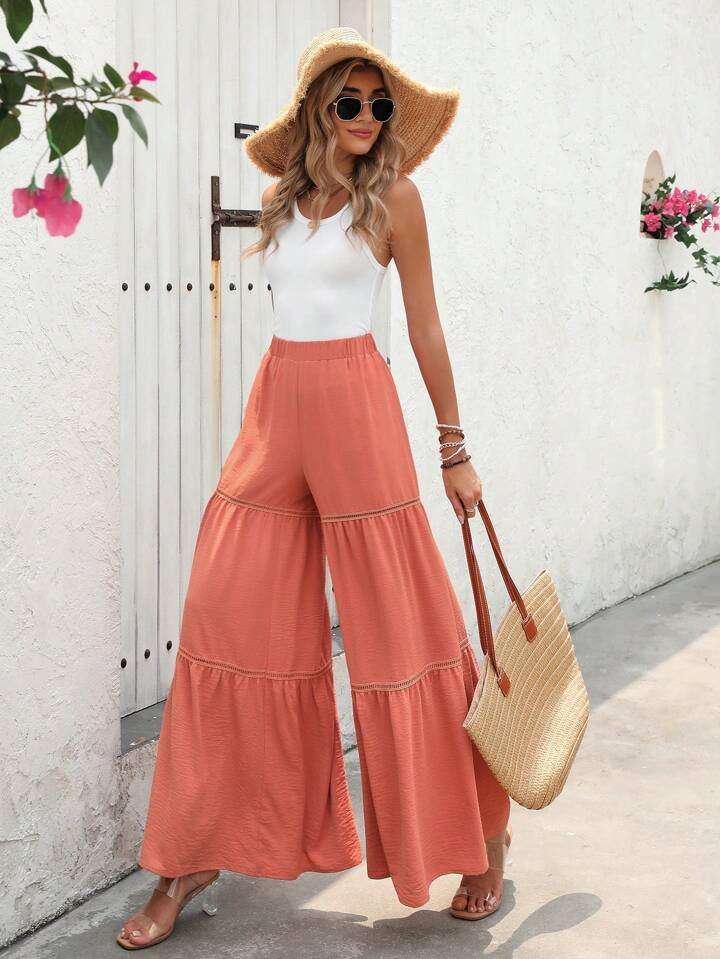 CM-BS435184 Women Trendy Bohemian Style Split Lace Patchwork Wide Leg Pants - Coral Pink