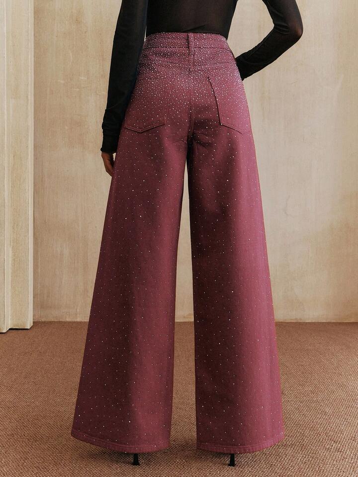CM-BS349219 Women Elegant Seoul Style Mid Waist Baggy Flared Leg Pants - Burgundy