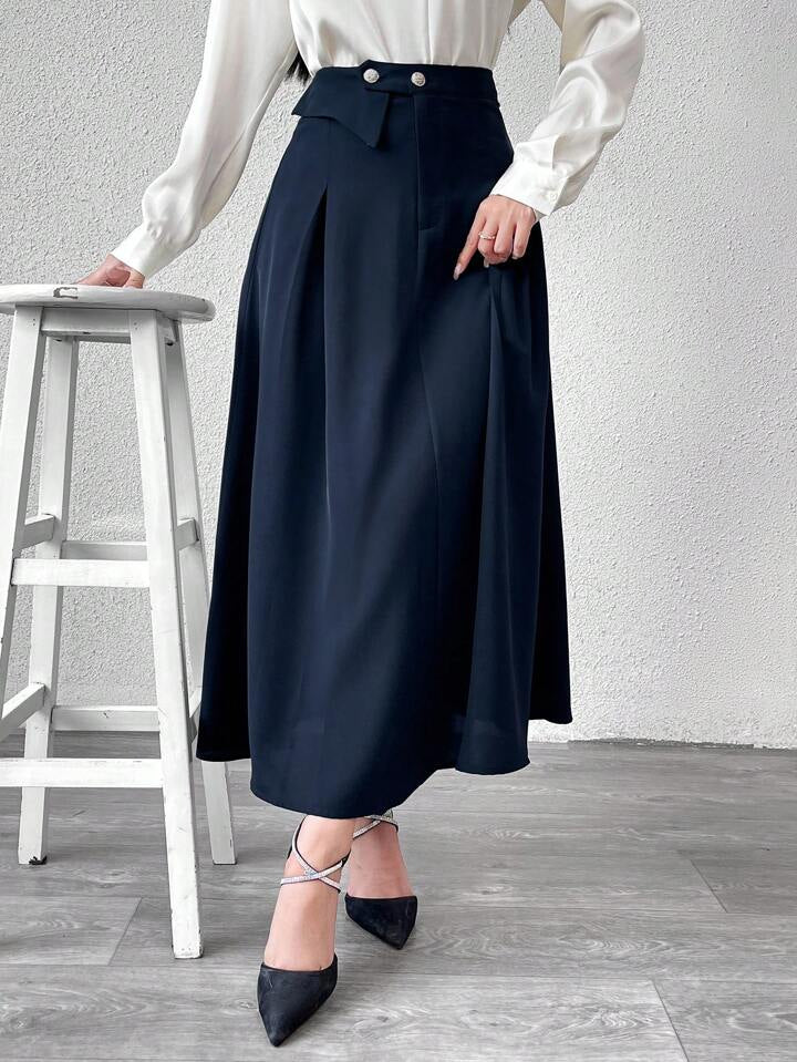 CM-BS522366 Women Elegant Seoul Style Button Decor Flared Hem A-Line Skirt - Navy Blue