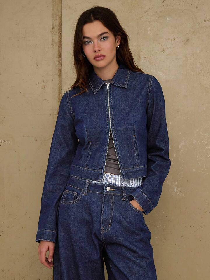 CM-CS494036 Women Casual Seoul Style Dark Wash Zip Front Fitted Crop Denim Jacket