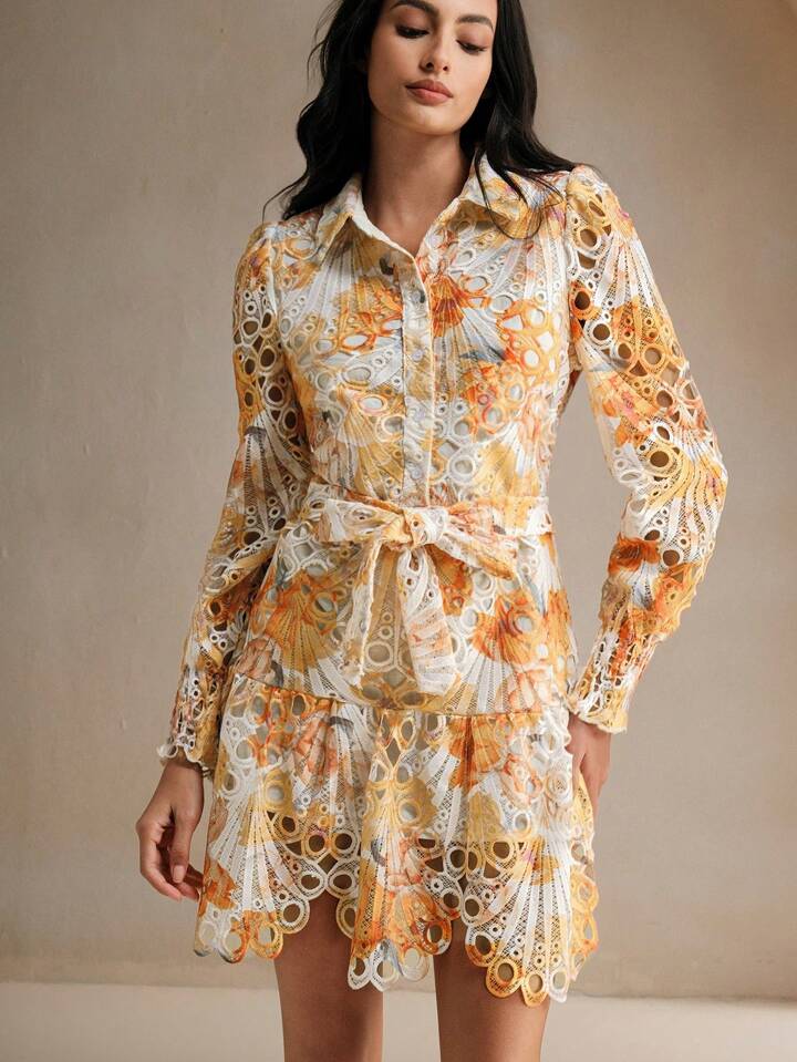 CM-DS592268 Women Trendy Bohemian Style Collared Long Sleeve Tie-Up Floral Hollow-Out Two-Layer Dress
