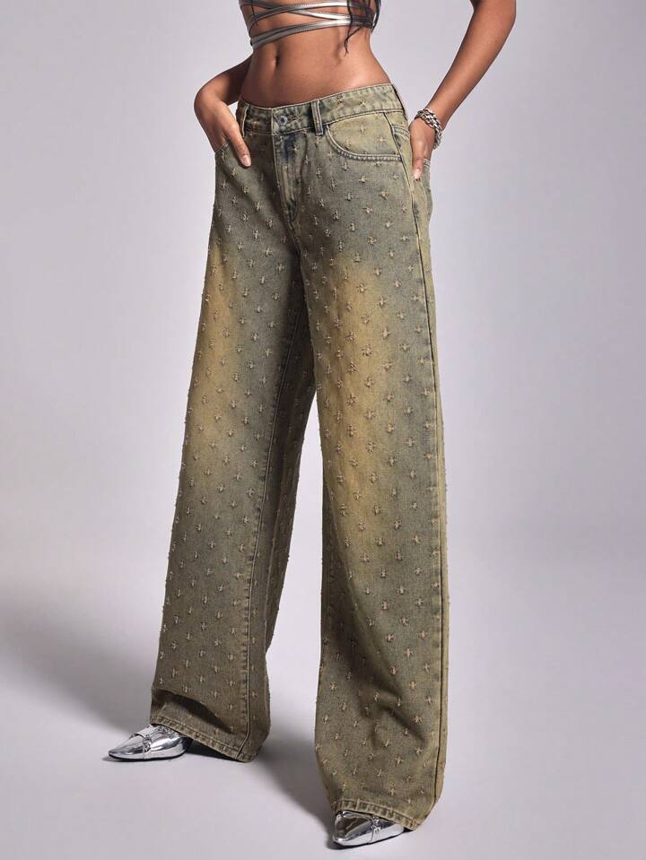 CM-BS020066 Women Casual Seoul Style Dark Wash Ultra Low Waist Straight-Leg Denim Jeans