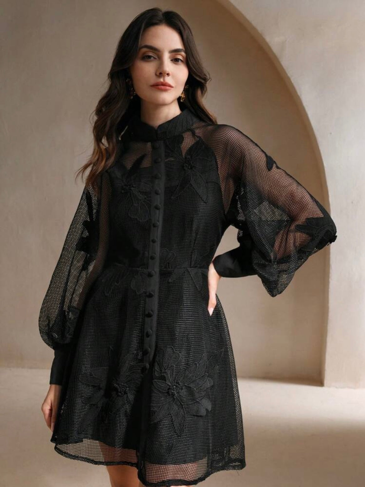 CM-DS524415 Women Elegant Seoul Style Collar Neckline Lace Cinched Waist Lantern Sleeve Dress - Black
