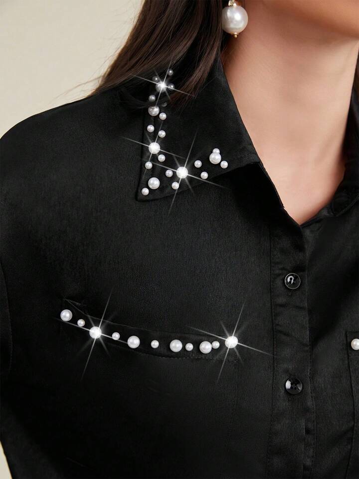 CM-TS549175 Women Elegant Seoul Style Beaded Decor Lantern Sleeve Shirt - Black