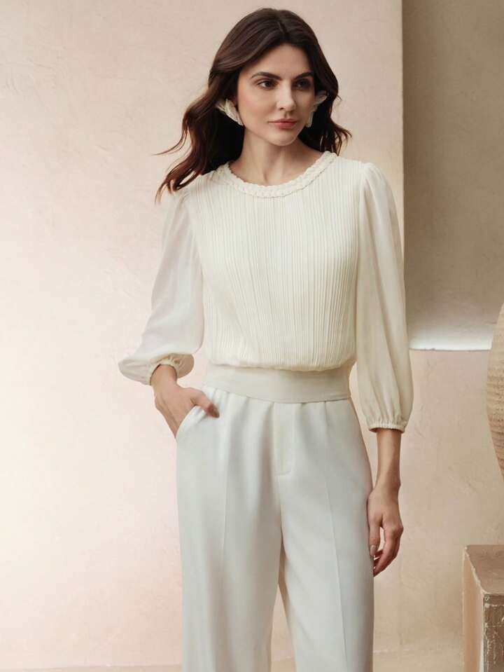 CM-TS513021 Women Elegant Seoul Style Cable Knit Round Neck Pleated Lantern Sleeve Slim Fit Blouse - Beige