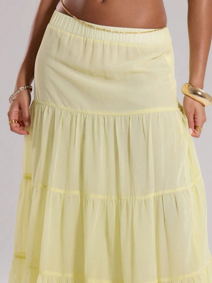 CM-BS411144 Women Trendy Bohemian Style Chiffon Layered Tiered Loose Maxi Skirt - Yellow