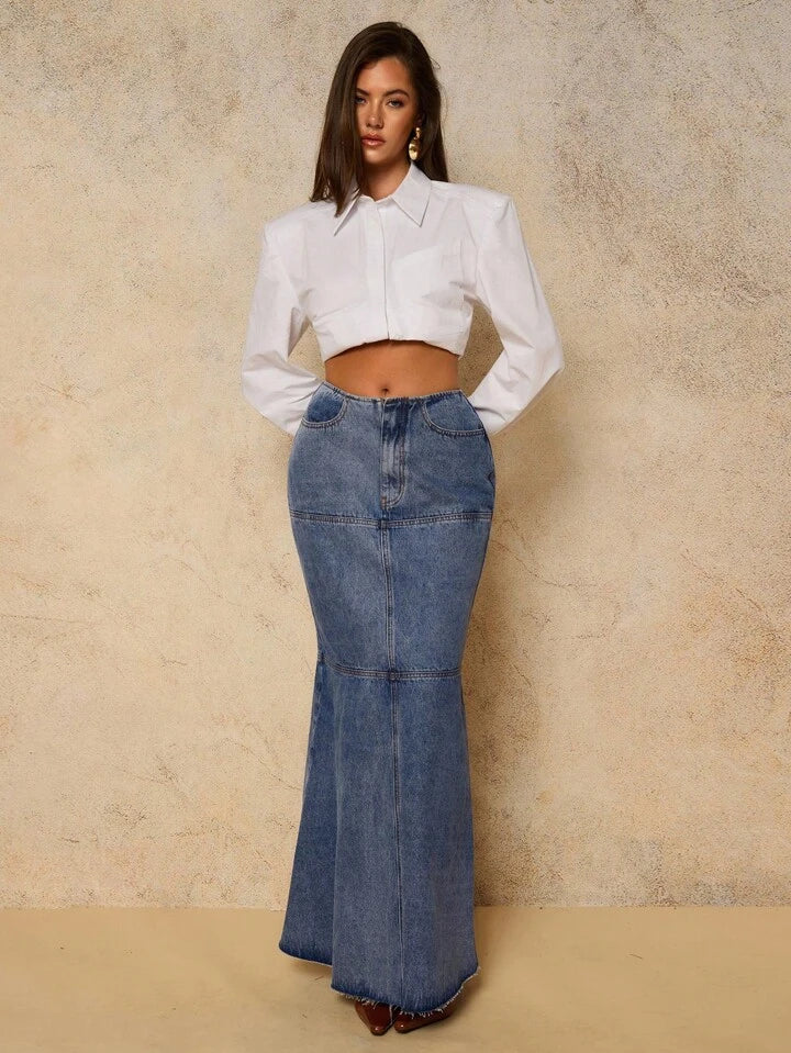 CM-BS139511 Women Casual Seoul Style Dark Wash High Waist Mermaid Hem A-Line Maxi Denim Skirt
