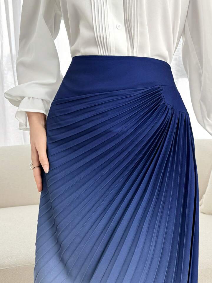 CM-BS558676 Women Elegant Seoul Style High Waist Gradient Color Pleated Skirt - Blue