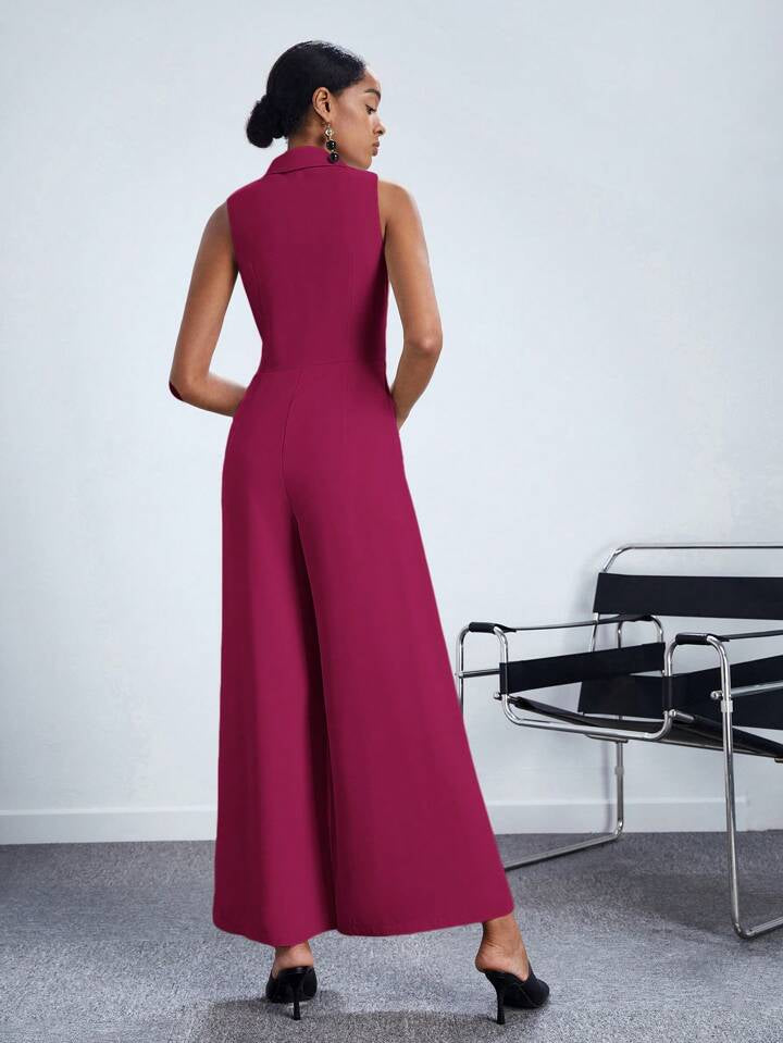 CM-JS558911 Women Elegant Seoul Style Lapel Neckline Sleeveless Wide Leg Jumpsuit - Hot Pink