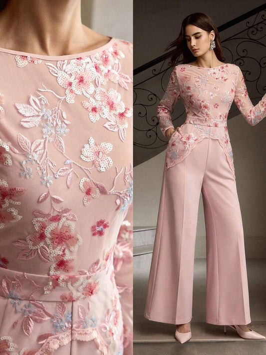 CM-JS811501 Women Elegant Seoul Style Floral Embroidery Mesh Patchwork Sequin Loose Wide Leg Jumpsuit