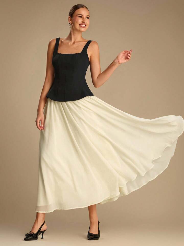 CM-DS532497 Women Elegant Seoul Style Color Block Square Neck Sleeveless Mid Waist Maxi Dress