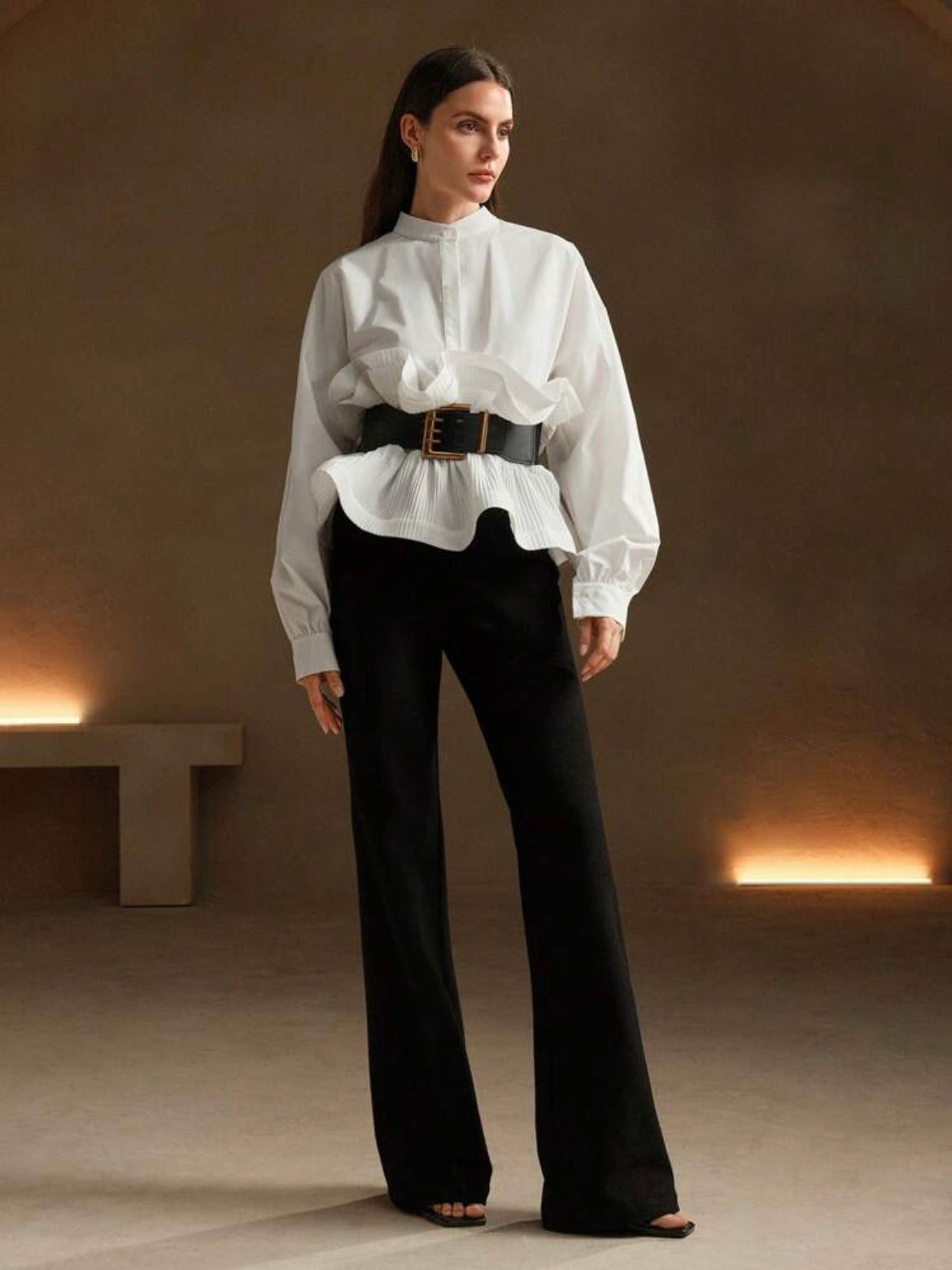 CM-TS961174 Women Elegant Seoul Style Multi-Layer Ruffles Waist Cinching Loose Shirt - White