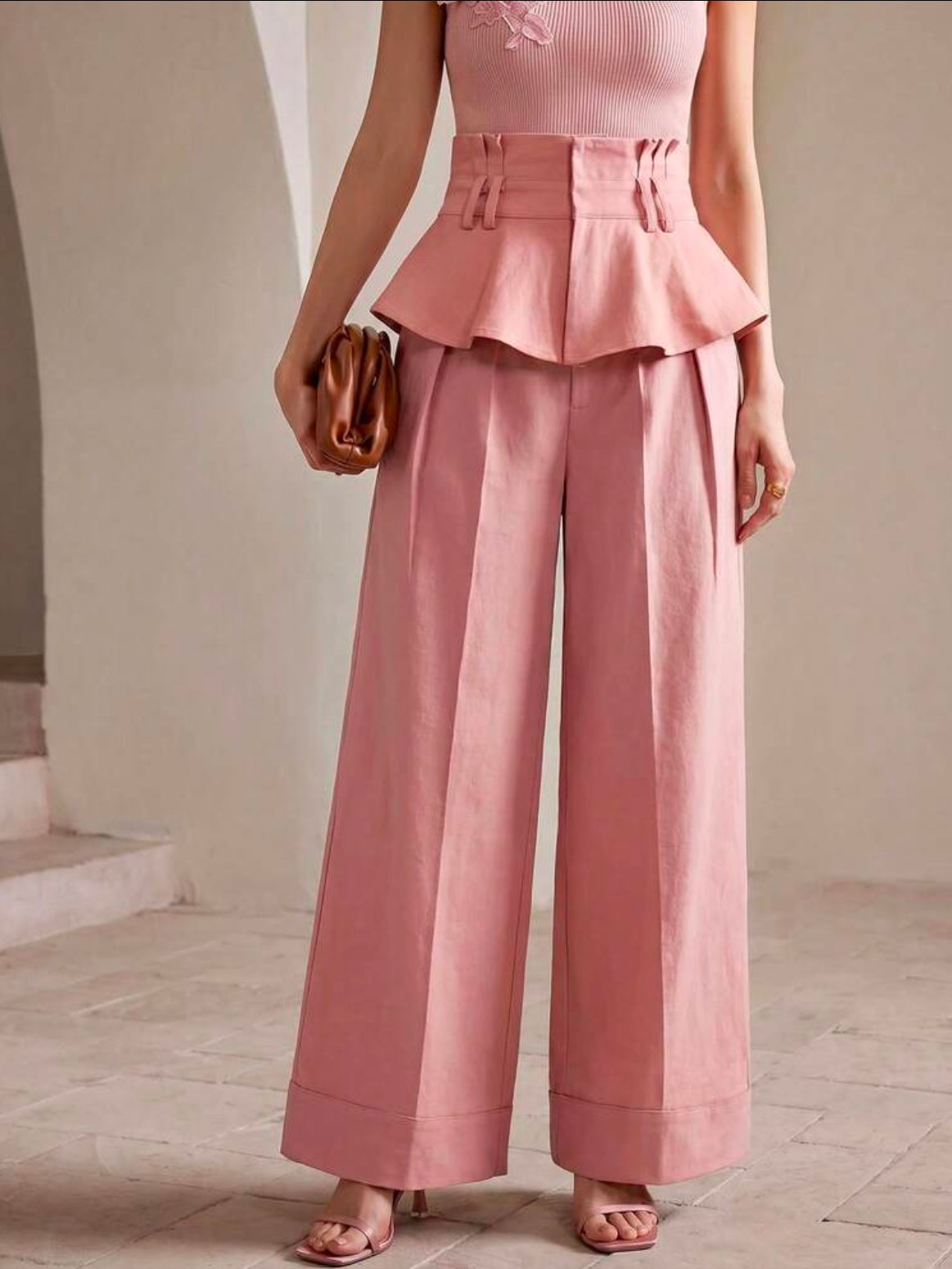 CM-BS252879 Women Elegant Seoul Style Pleated High-Waist Ruffle Hem Wide Leg Jeans - Pink