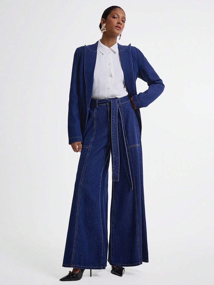 CM-BS001911 Women Casual Seoul Style Dark Wash Knotted Waist Loose Fit Bell Bottom Jeans