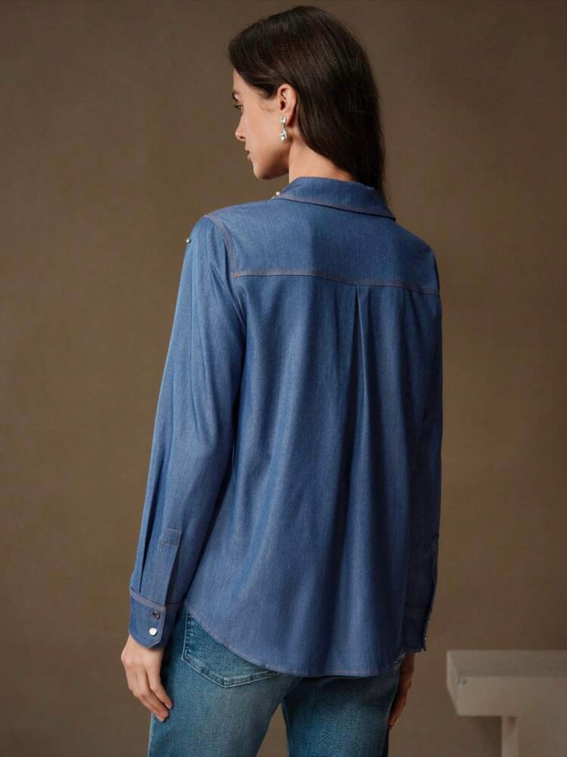CM-TS342012 Women Elegant Seoul Style Collar Neckline Delicate Pearl Decorated Denim Blouse - Blue