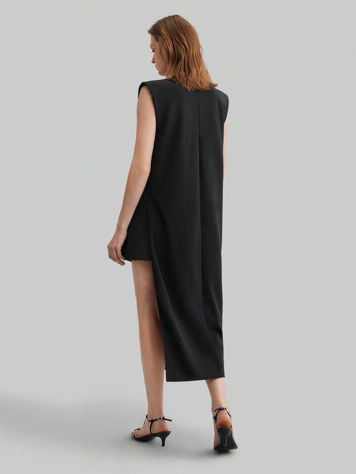 CM-TS650838 Women Casual Seoul Style Round Neck Wide Shoulder Sleeveless Asymmetric Hem Mid-Length Top - Black