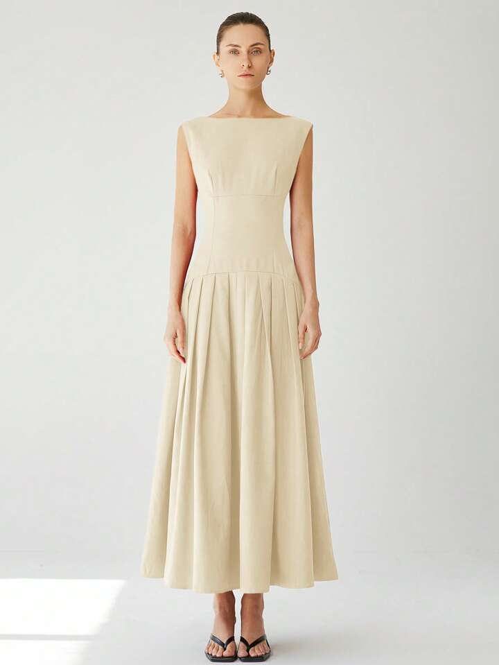 CM-DS726755 Women Elegant Seoul Style Sleeveless Cinched Waist Low Waist Pleated Ruffle Hem Long Dress - Apricot