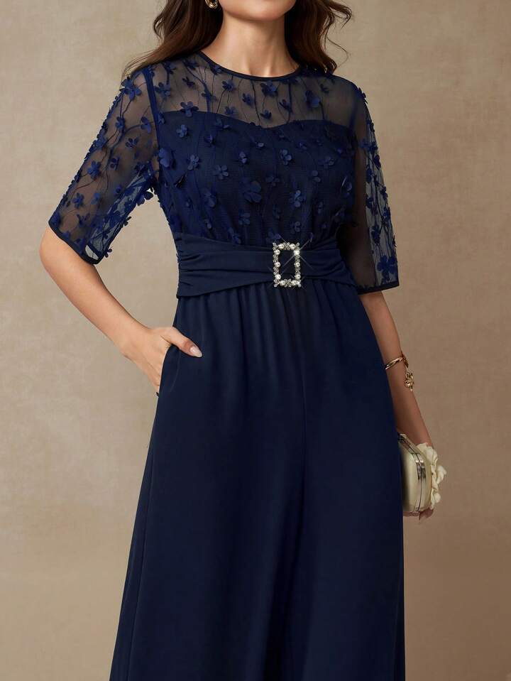 CM-JS605655 Women Elegant Seoul Style Round Neck Half Sleeve Mesh Buckle Wide Leg Jumpsuit