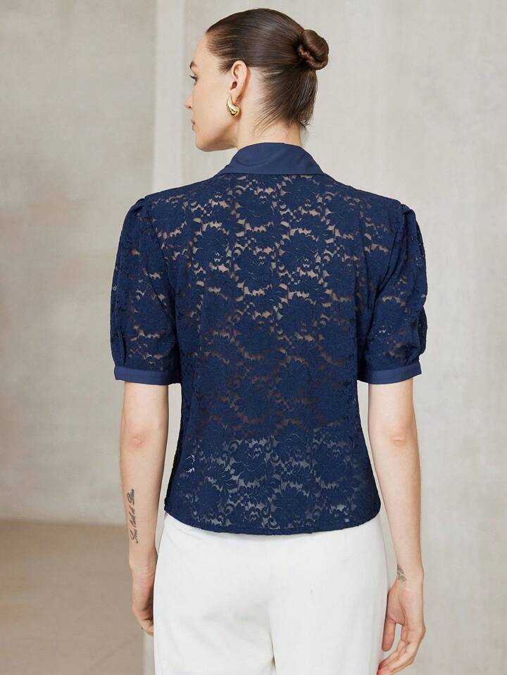 CM-TS471015 Women Elegant Seoul Style Shirt Collar Neckline Short Sleeve Lace Blouse - Navy Blue