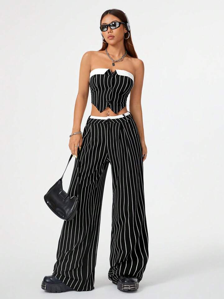 CM-SS991213 Women Casual Seoul Style Striped Strapless Top With Long Pants - Set