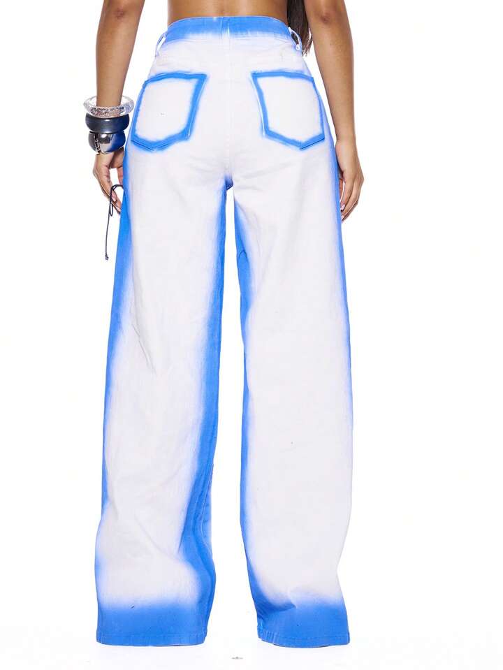 CM-BS783526 Women Casual Seoul Style Low Waist Contrast Washed Eyelet Tie Extra Long Denim Jeans