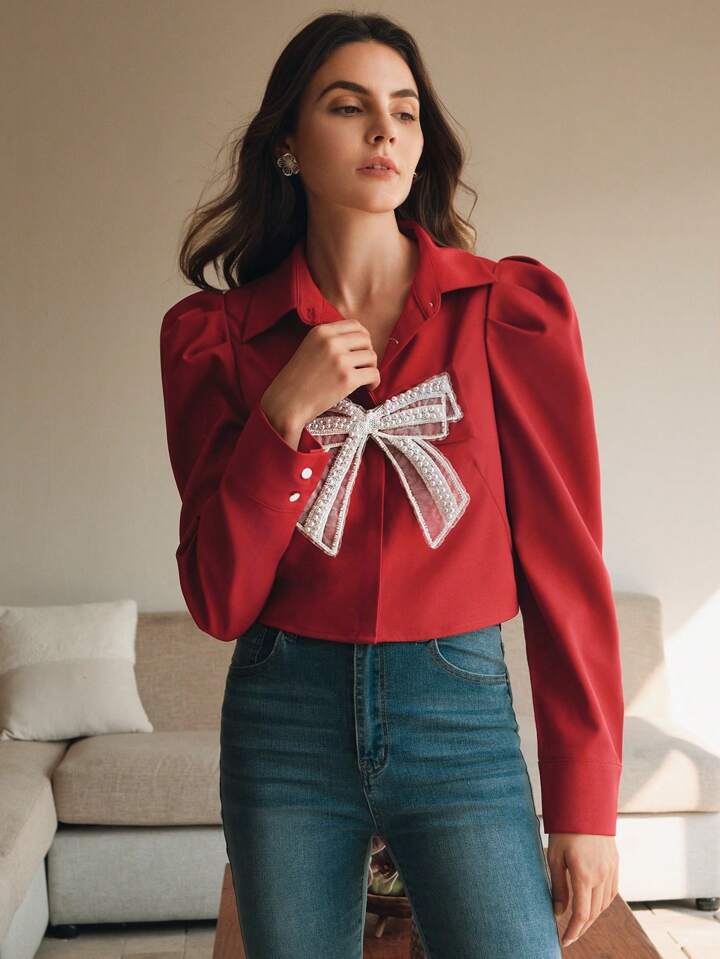 CM-TS919720 Women Elegant Seoul Style Collar Neckline Butterfly Pearl Floral Long Sleeve Blouse - Red