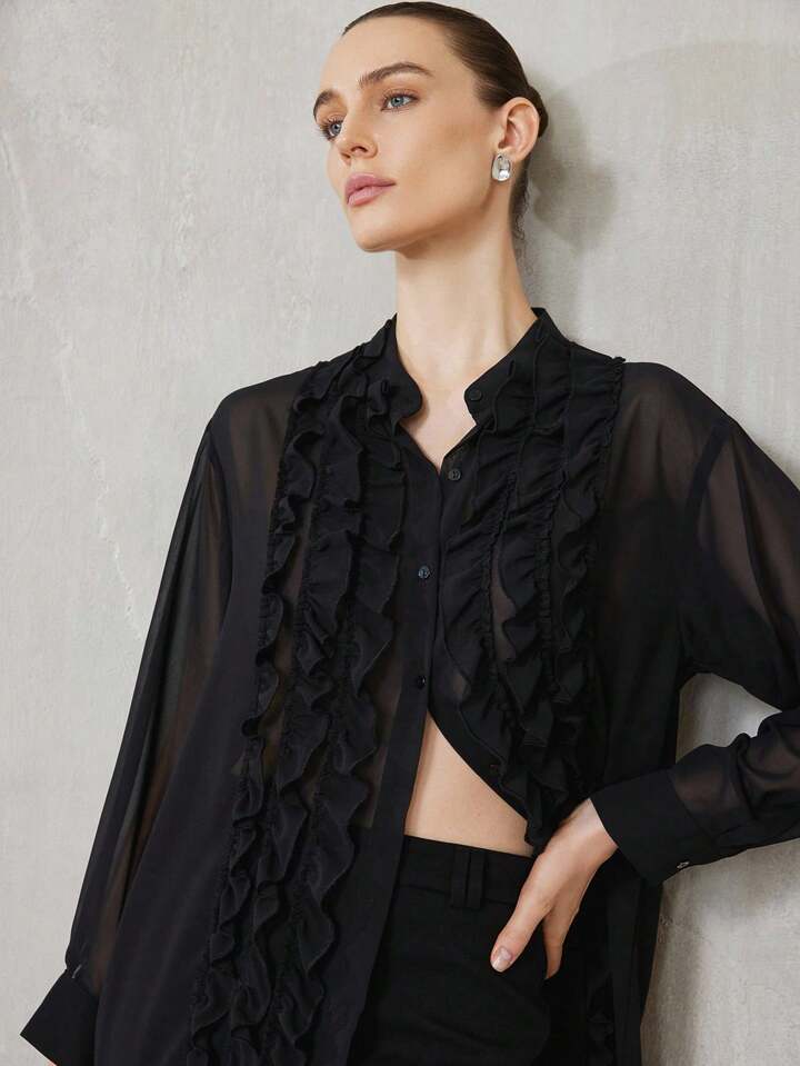 CM-TS498068 Women Casual Seoul Style Chiffon Sheer Ruffle Hem Design Multi-Layer Flowing Long Sleeve Blouse
