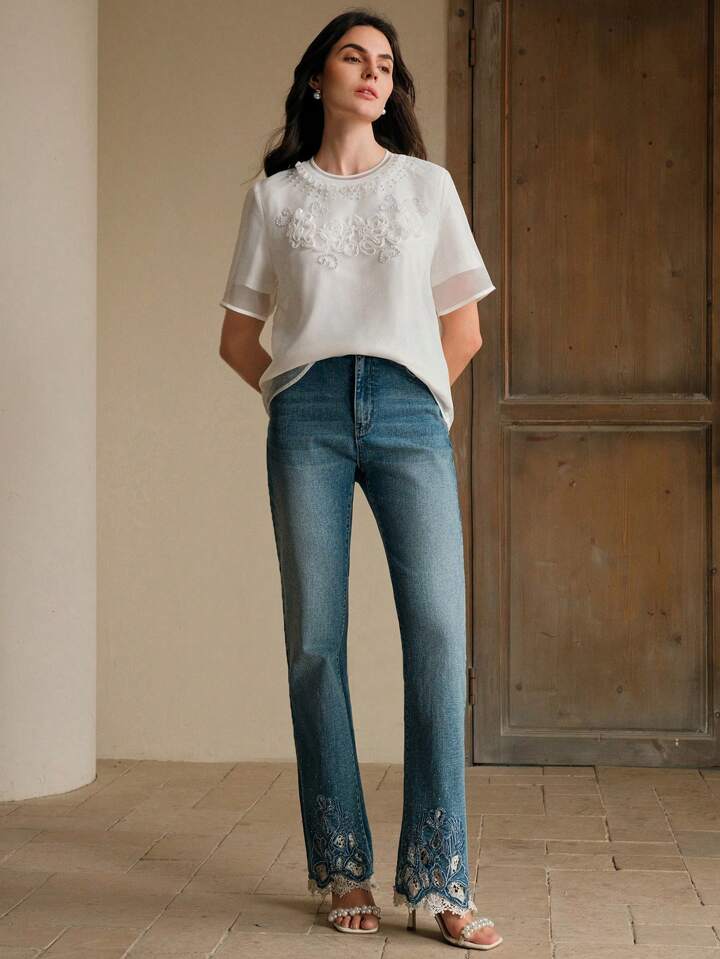 CM-TS677019 Women Elegant Seoul Style Round Neck Short Sleeve Pearl Handmade Double-Layer T-Shirt - White