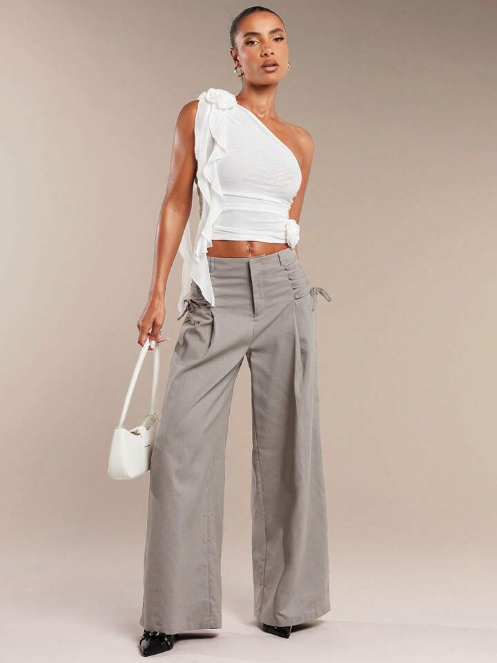 CM-BS449594 Women Casual Seoul Style Cross Waist High Waist Wide Leg Trousers - Gray